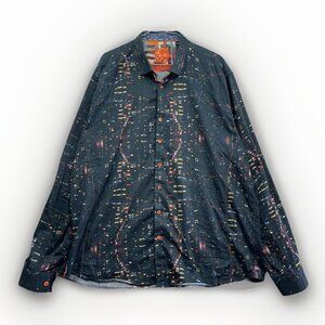 Au Noir Button Up shirt Men Sz 7 Black Colorful City Night Lights Landscape AOP